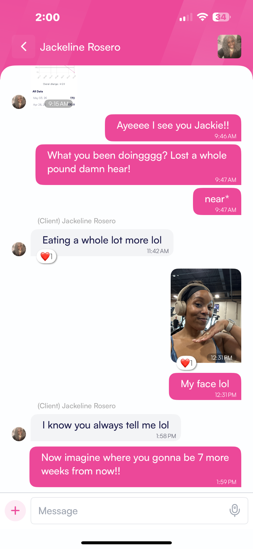 Client conversation with Jackie about weight loss success